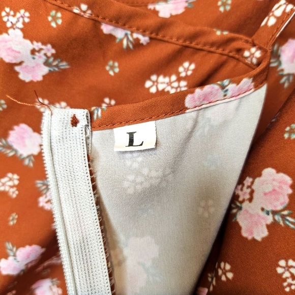 Womens Floral Rust Orange Midi Dress Back Zip Spaghetti Straps Slip Size Large - Picture 6 of 11